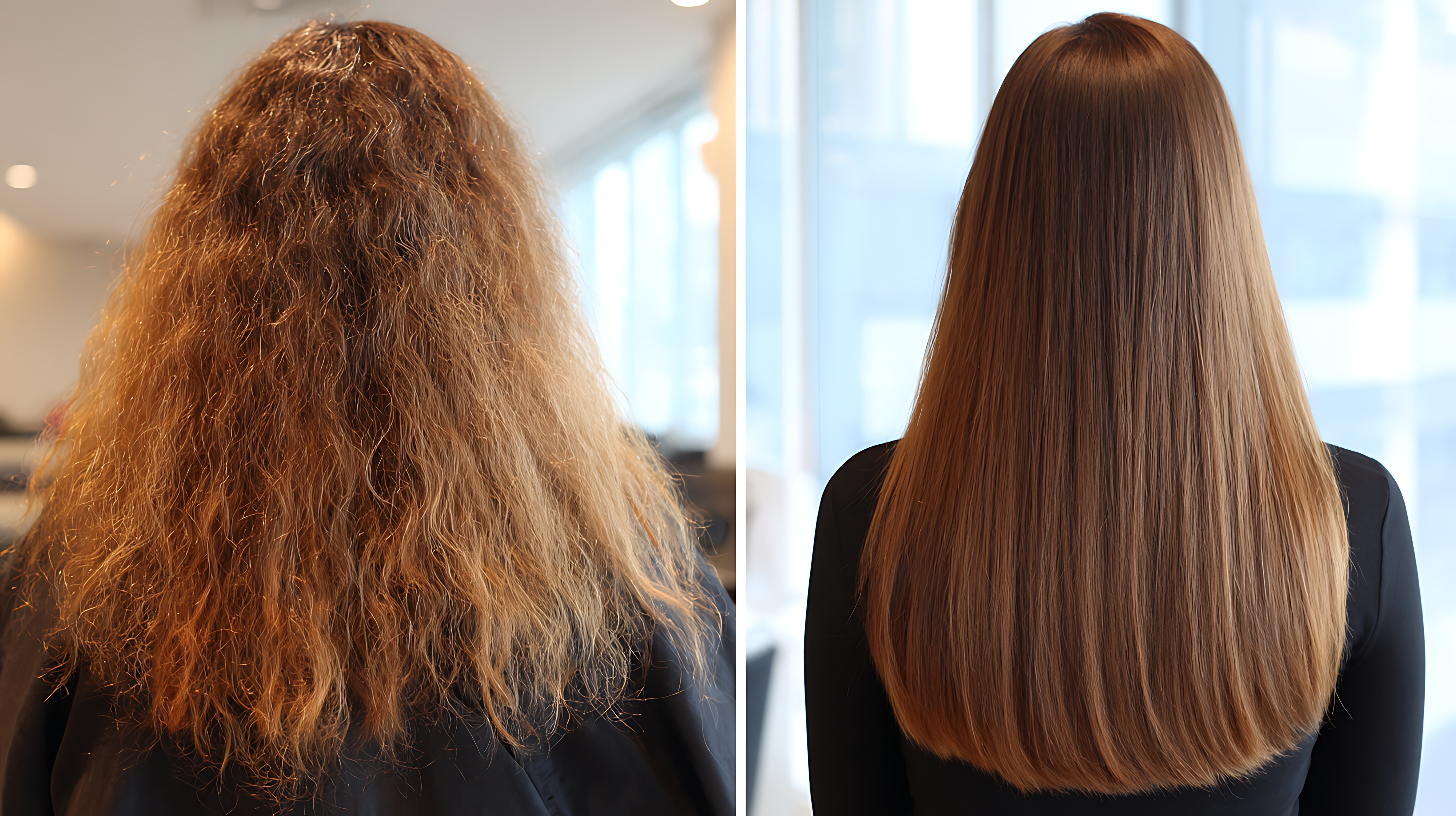 side-by-side view showing frizzy hair on the left and straightened hair on the right in a salon setting