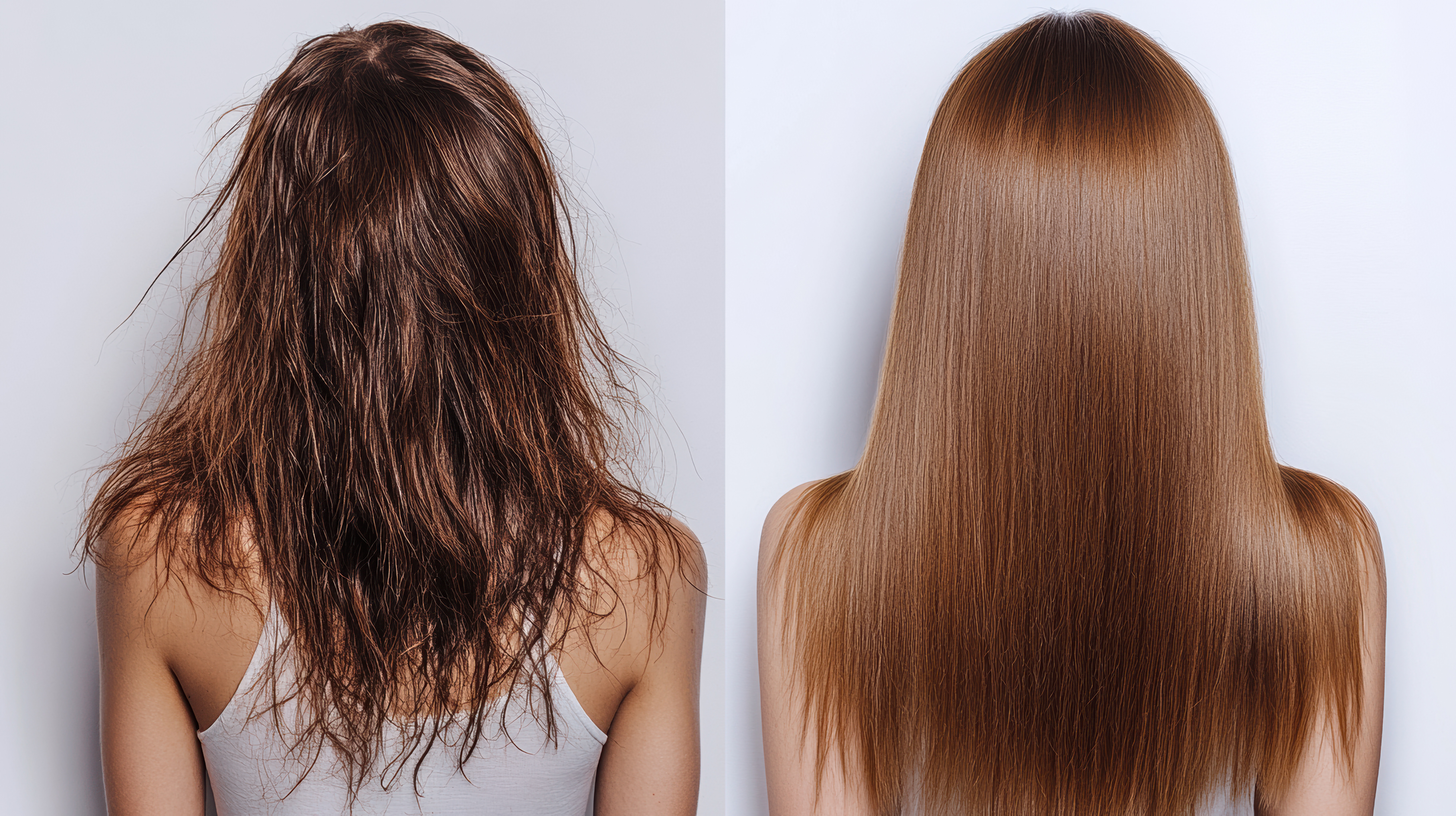 side-by-side view showing the back of a woman’s head with frizzy hair on one side and smooth straight hair on the other